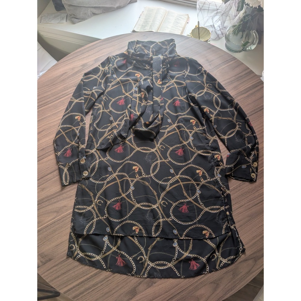 ZARA BASIC Black Chain Print Long Sleeve Button Front Collared Tunic Blouse S
